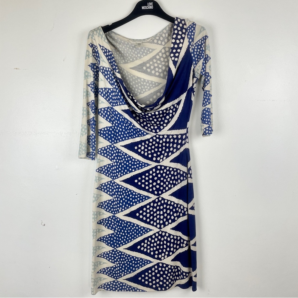 Diane Von Furstenberg Jersey Knit Blue White Geometric Print Sheath Midi Dress